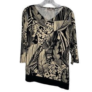 Chico’s Top Women’s M 8 Black Cream V Neck Tropical Print Asymmetrical Hem